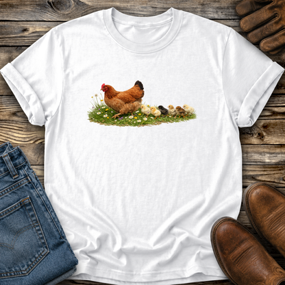 White t-shirt with a chicken and chicks graphic on a wooden surface with jeans and boots.
