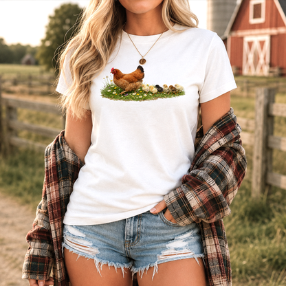 Person wearing a white t-shirt with a chicken design outdoors near a barn.