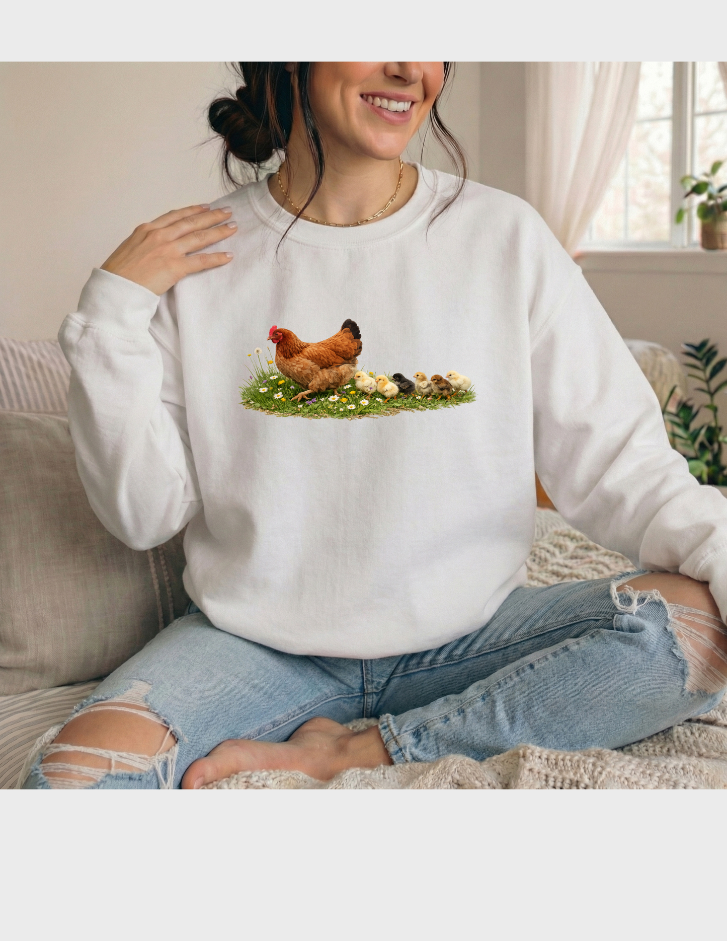 Chicken Graphic Tee T-shirt or Sweatshirt ADULT Unisex Hoodie / Crewneck Hen With Baby Chicks Following Farm Animal Lover Gift