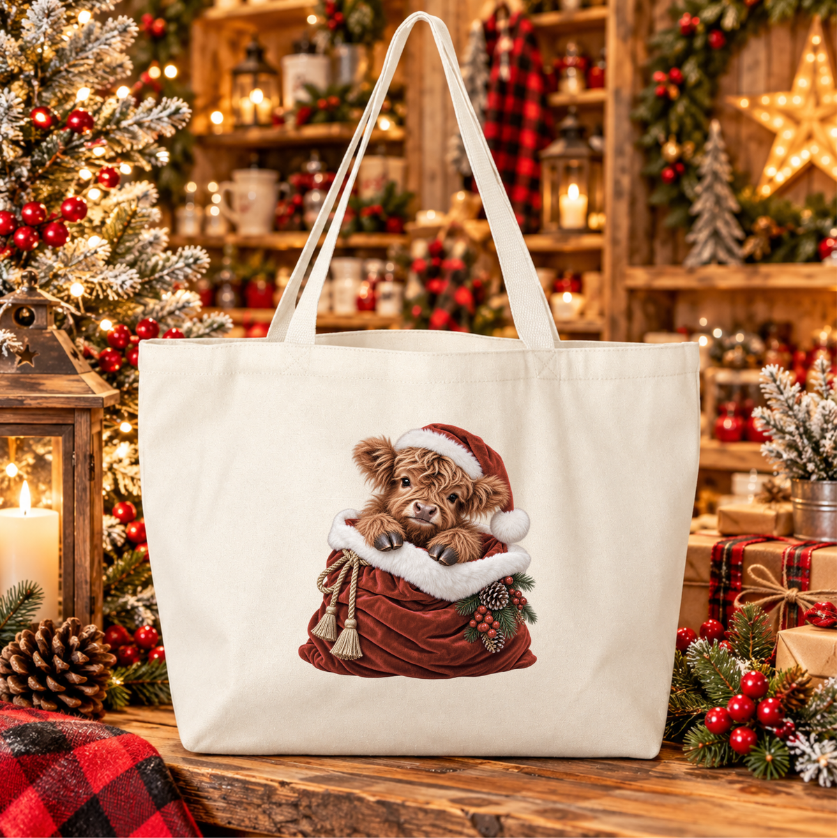 An off-white canvas tote bag featuring a printed illustration of a fluffy brown highland cow calf in a Santa hat sitting in a red sack, displayed on a rustic wooden table surrounded by a decorated Christmas tree, lanterns, and holiday garlands.