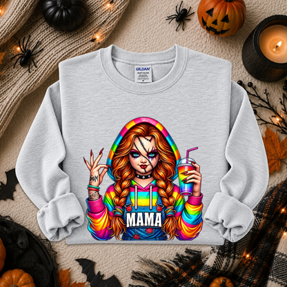 A light gray crewneck sweatshirt featuring a colorful graphic of a horror-themed woman with orange hair and a rainbow hoodie holding a drink, with the word 'MAMA' printed below. The sweatshirt is displayed in a flat-lay arrangement with Halloween props including pumpkins, a candle, spider decorations, and autumn leaves.