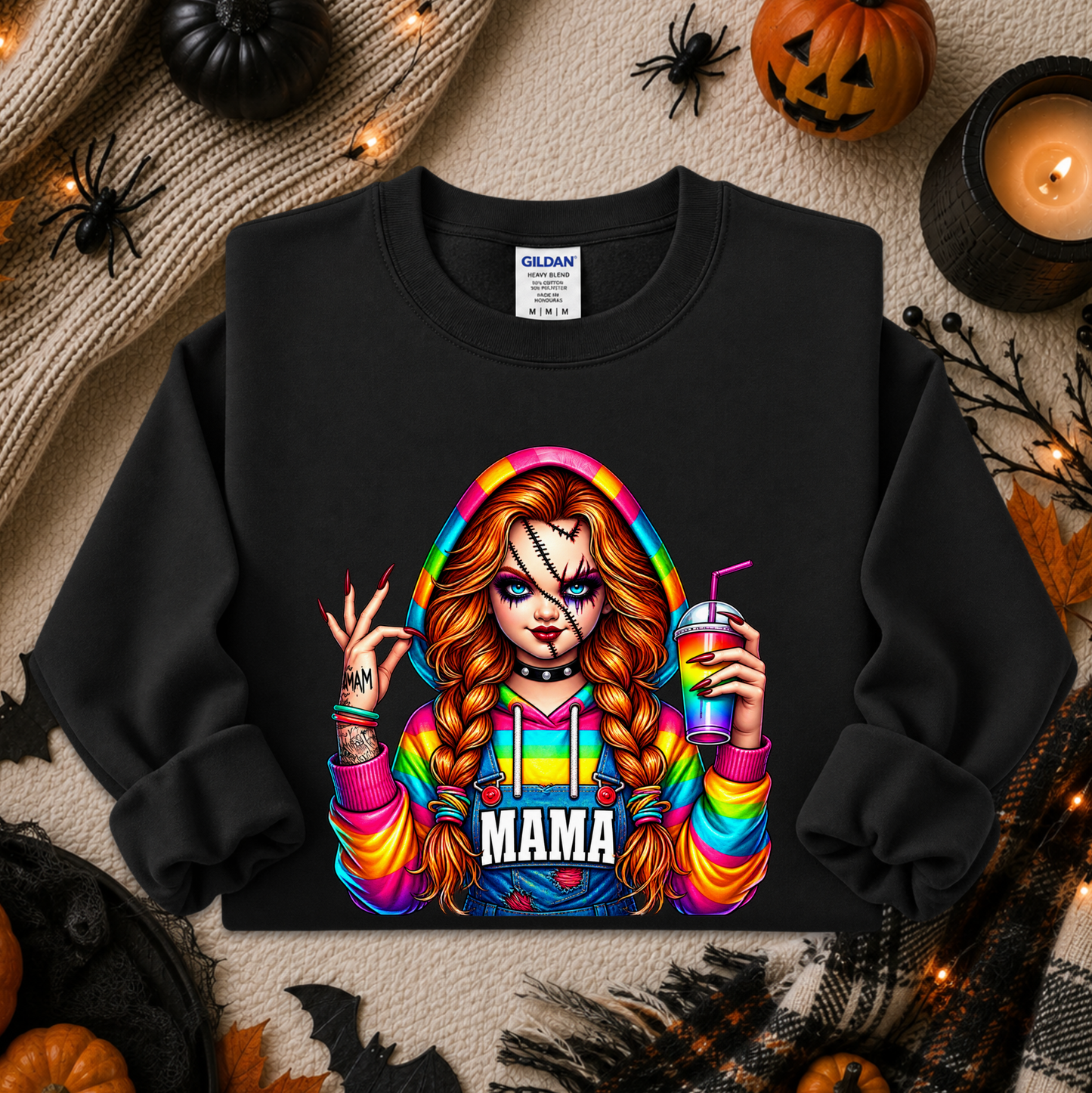 A black crewneck sweatshirt laid flat on a cozy autumn-themed background. The sweatshirt features a colorful graphic of a woman with long red-blonde braids, a bandage over one eye, holding a drink, with the word 'MAMA' printed below.