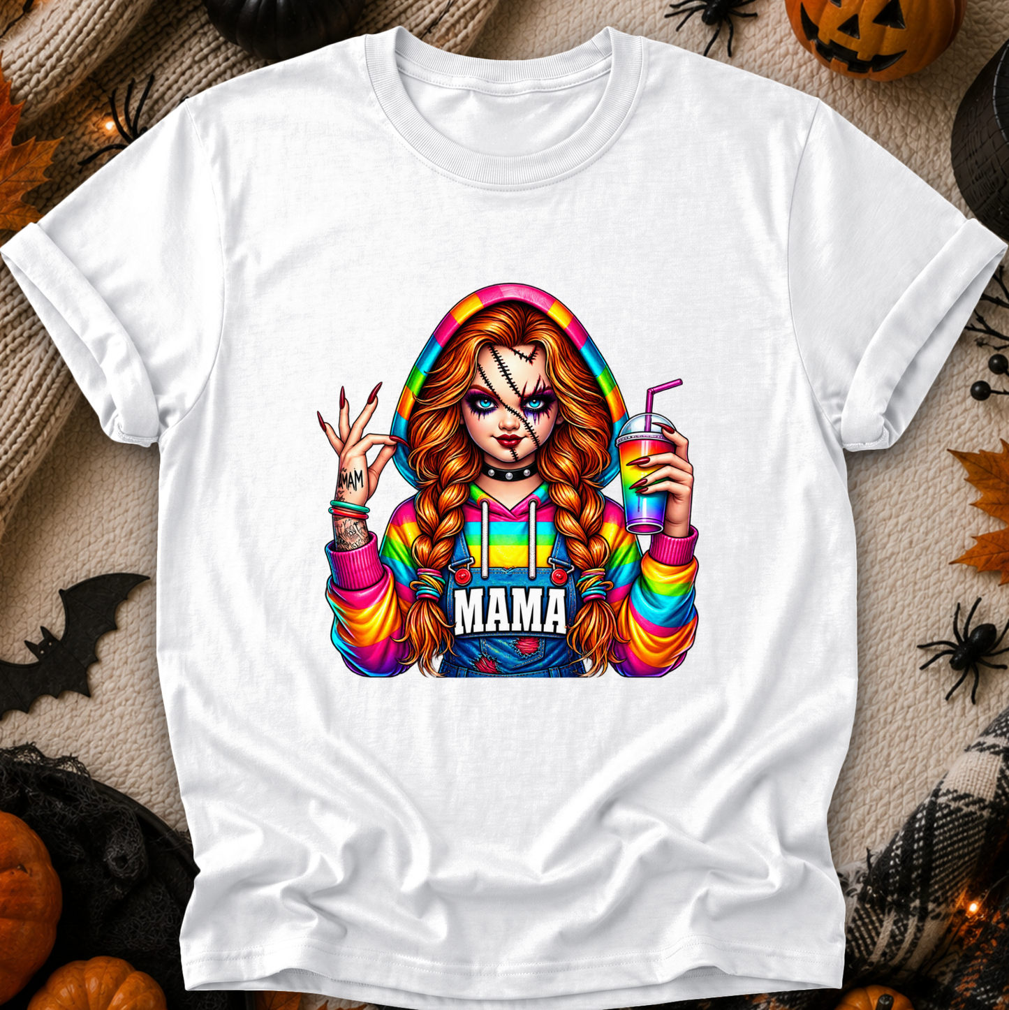 A white short-sleeve crewneck t-shirt featuring a colorful graphic of a horror character with braided hair, rainbow-striped sleeves, and the word 'MAMA' across the chest, displayed on a cozy Halloween-themed background with pumpkins, spider decorations, and a jack-o'-lantern.