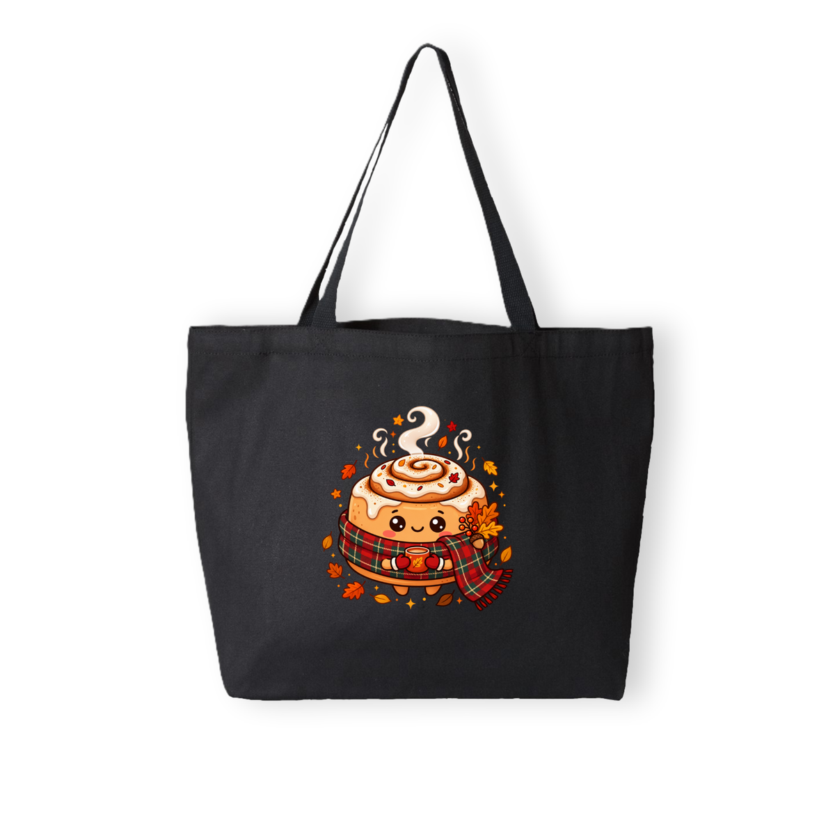 A black canvas tote bag with two shoulder straps, featuring a cute cartoon illustration of a cinnamon roll wearing a red plaid scarf on the front, set against a plain white background.