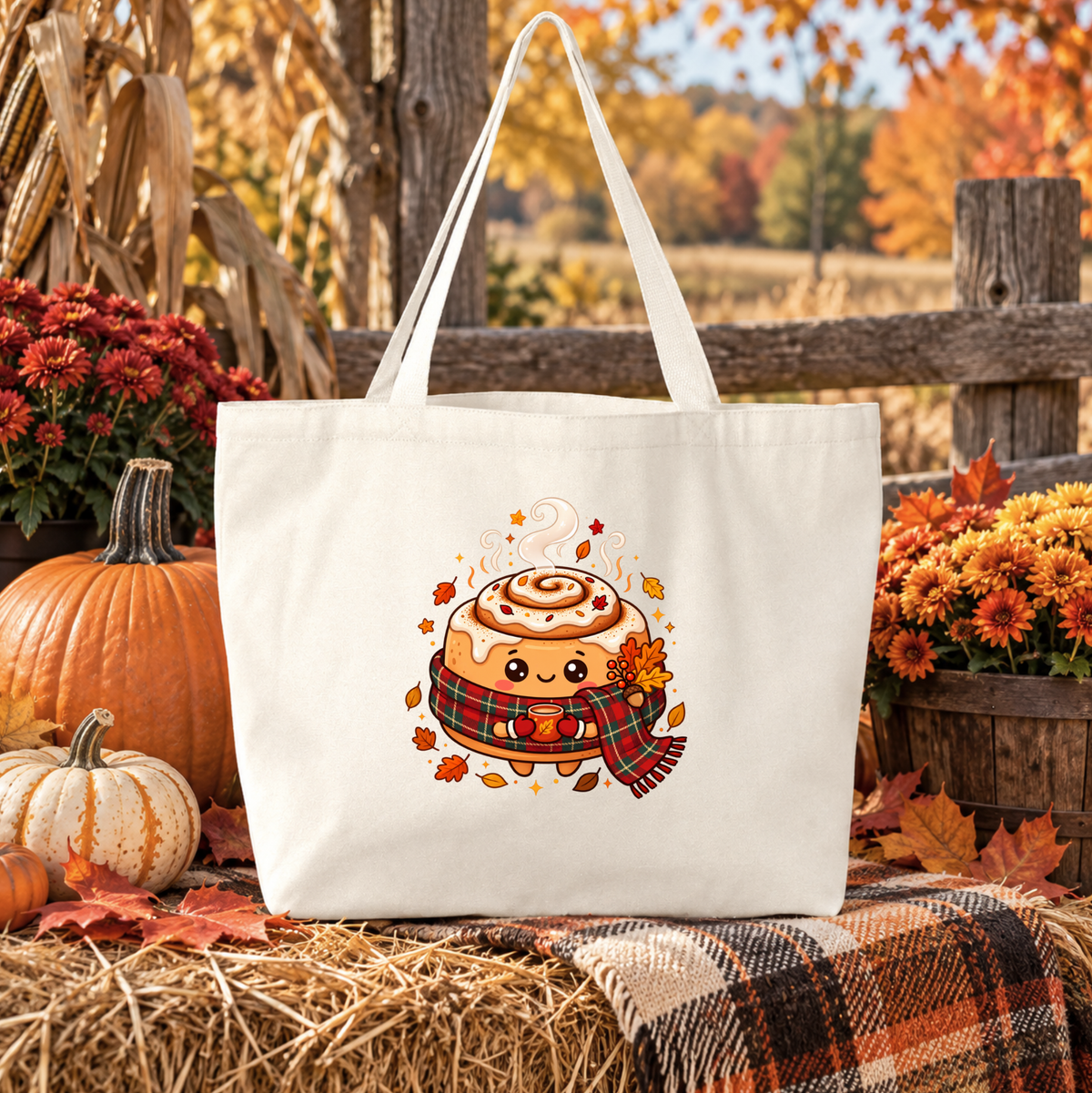 A white canvas tote bag with a cute cartoon cinnamon roll character wearing a plaid scarf, displayed in a fall-themed outdoor setting with pumpkins, flowers, and a plaid blanket.