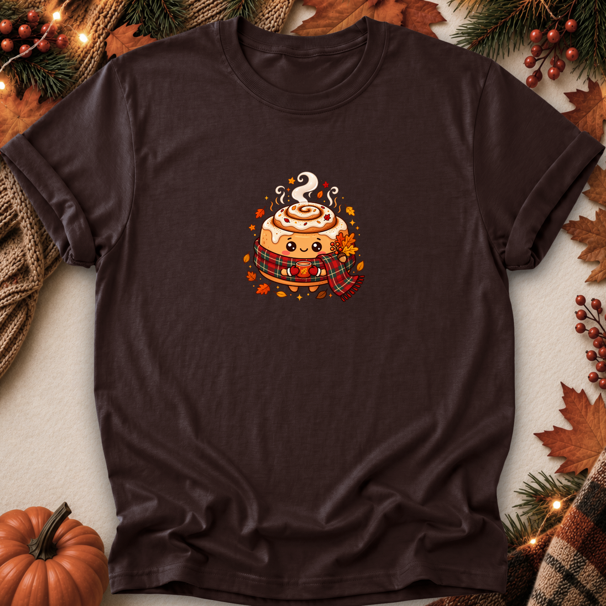 A black short-sleeve crewneck t-shirt laid flat on a neutral background, decorated with autumn props like a pumpkin, pine branches, and leaves. The center of the shirt features a cute cartoon graphic of a cinnamon roll wearing a red plaid scarf and holding a hot cocoa cup.