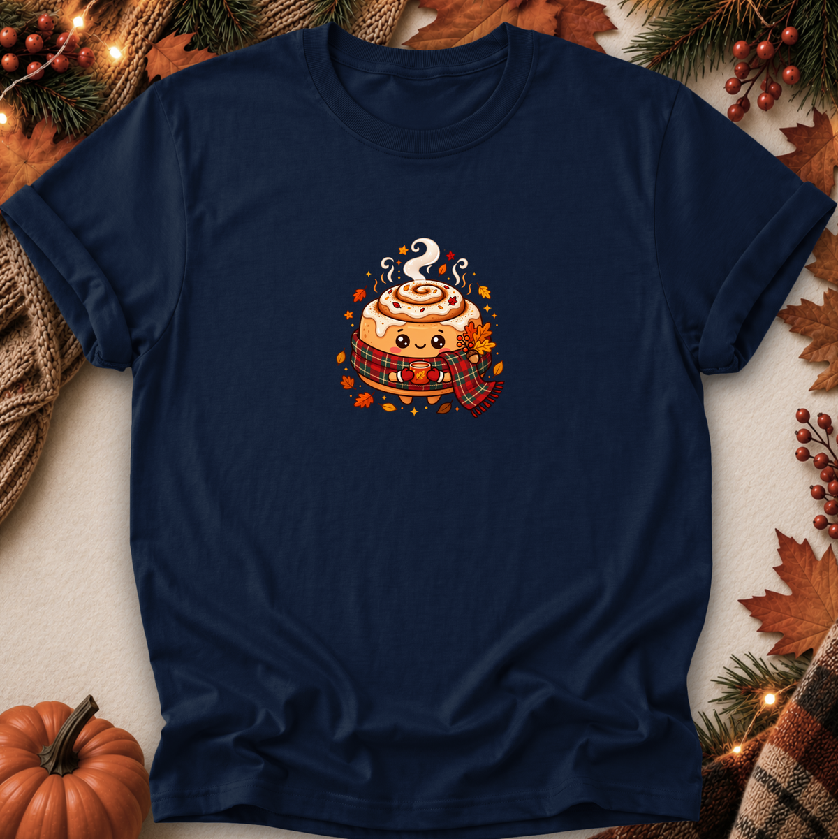 A navy blue short-sleeve crewneck t-shirt featuring a cute cartoon cinnamon roll character wearing a plaid scarf, styled in a flat-lay with autumn props like a small pumpkin, pine branches, and fall leaves.