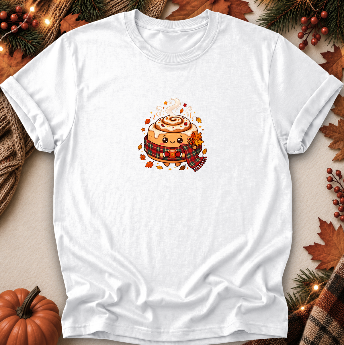 A white short-sleeve crewneck t-shirt laid flat on a neutral background, decorated with autumn props like a pumpkin, pine branches, leaves, and a plaid scarf. The center of the shirt features a cute cartoon graphic of a cinnamon roll wearing a red and green plaid scarf.