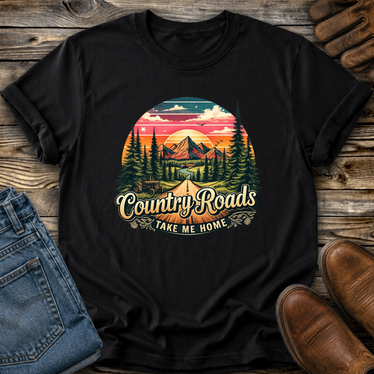 black tshirt with country western scene graphic design that says country roads take me home