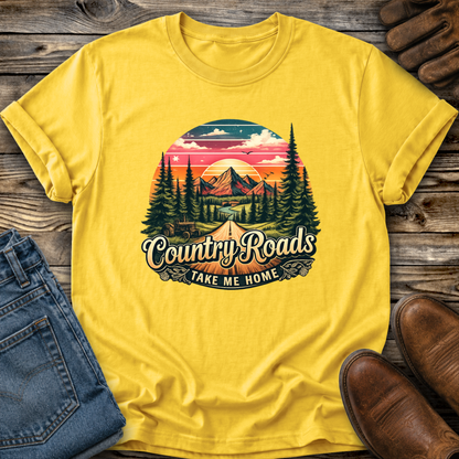 yellow tshirt with country western scene graphic design that says country roads take me home