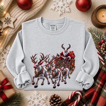 gray sweatshirt with a graphic design of a demon santa and evil demon looking reindeer flying