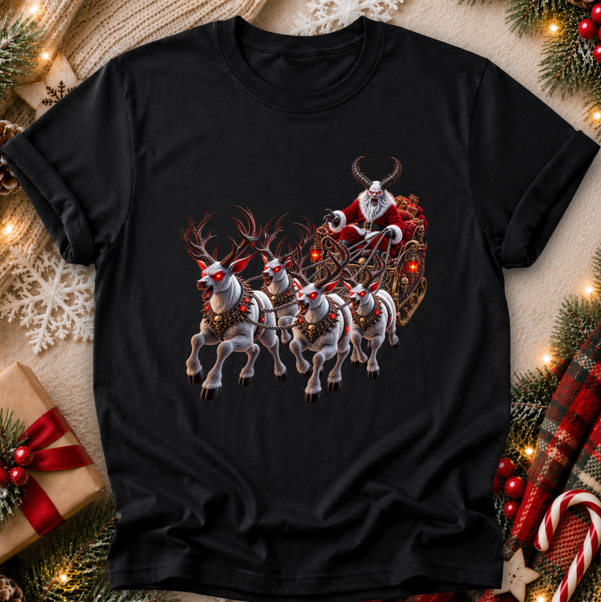 black tshirt with a graphic design of a demon santa and evil demon looking reindeer flying