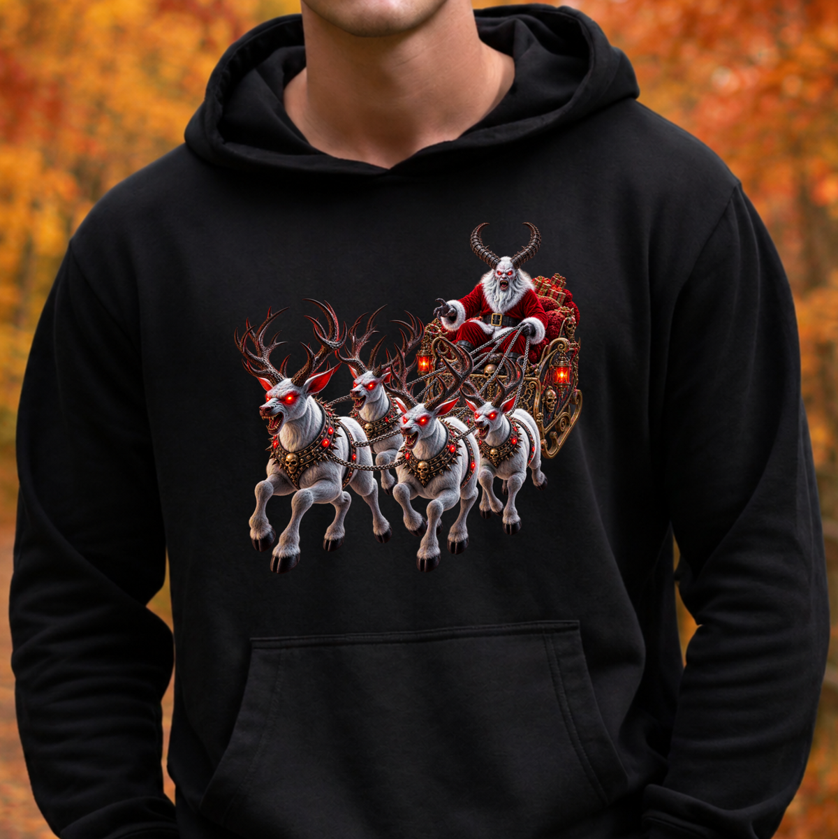 black hooded sweatshirt with a graphic design of a demon santa and evil demon looking reindeer flying