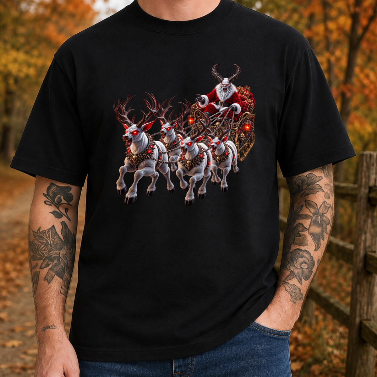 black tshirt with a graphic design of a demon santa and evil demon looking reindeer flying