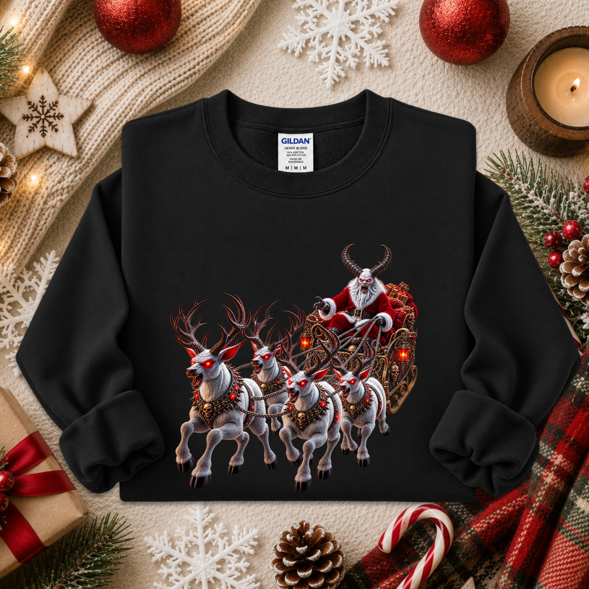 black sweatshirt with a graphic design of a demon santa and evil demon looking reindeer flying