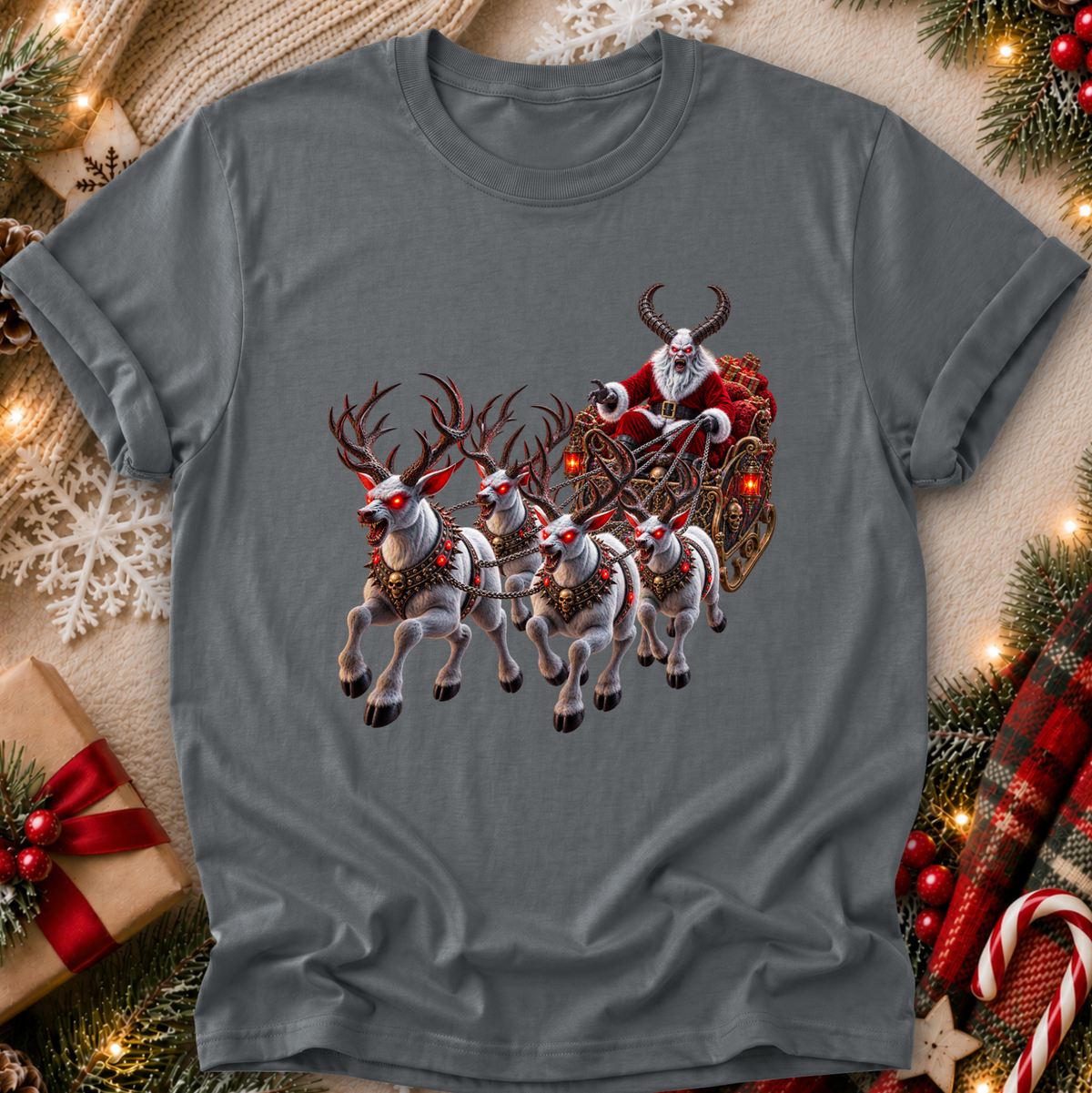 gray tshirt with a graphic design of a demon santa and evil demon looking reindeer flying