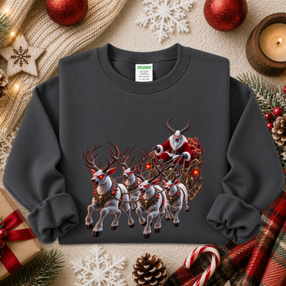 gray sweatshirt with a graphic design of a demon santa and evil demon looking reindeer flying