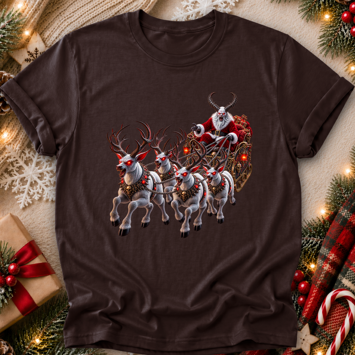 brown tshirt with a graphic design of a demon santa and evil demon looking reindeer flying