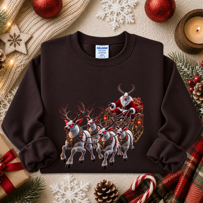 brown sweatshirt with a graphic design of a demon santa and evil demon looking reindeer flying