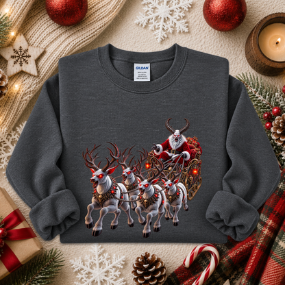 gray sweatshirt with a graphic design of a demon santa and evil demon looking reindeer flying