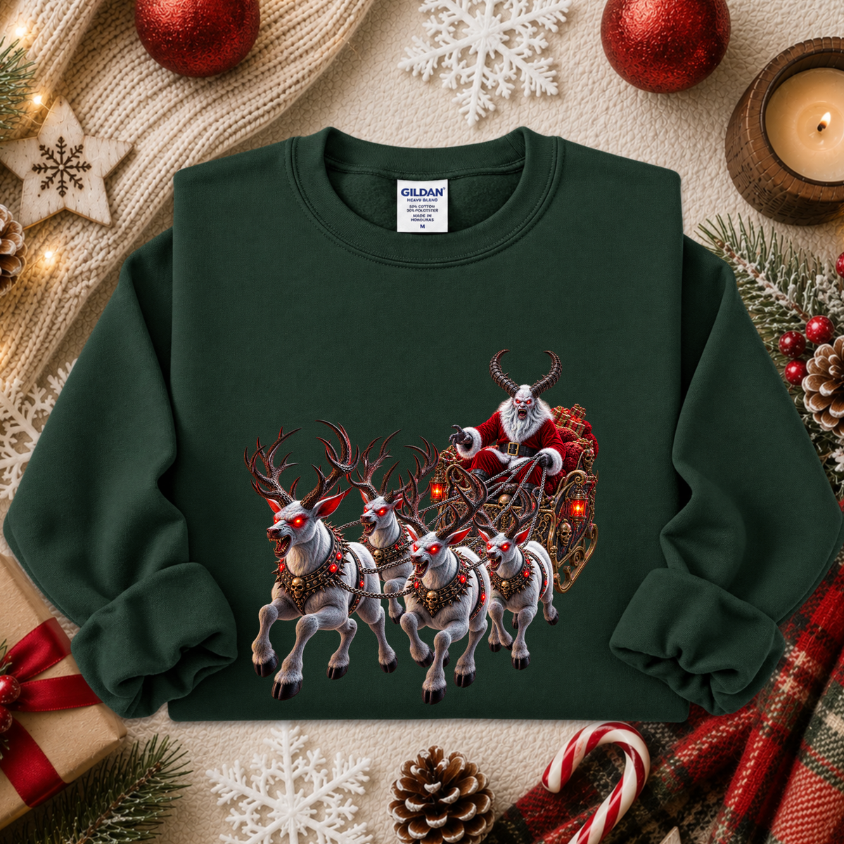 green sweatshirt demon santa and evil demon looking reindeer flying