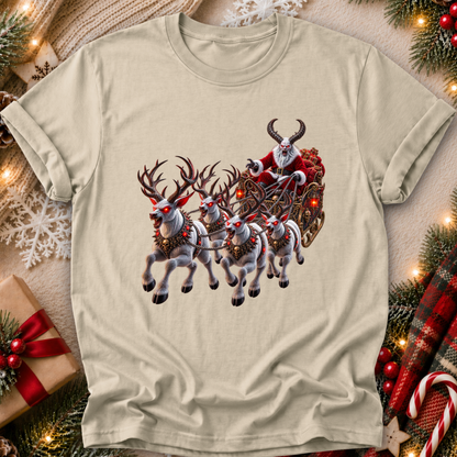 beige tshirt with a graphic design of a demon santa and evil demon looking reindeer flying