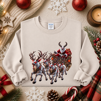 beige sweatshirt with a graphic design of a demon santa and evil demon looking reindeer flying