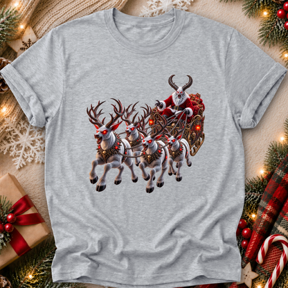 gray tshirt with a graphic design of a demon santa and evil demon looking reindeer flying