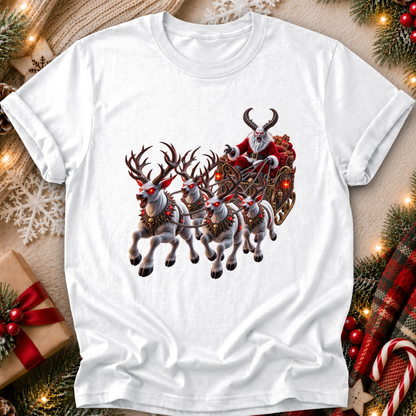 white tshirt with a graphic design of a demon santa and evil demon looking reindeer flying