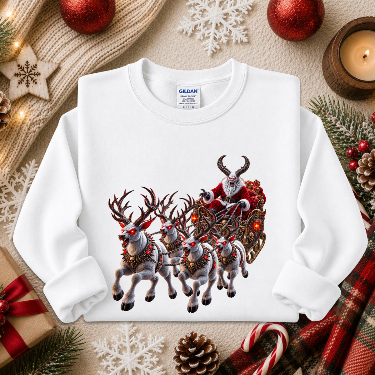 white sweatshirt with a graphic design of a demon santa and evil demon looking reindeer flying