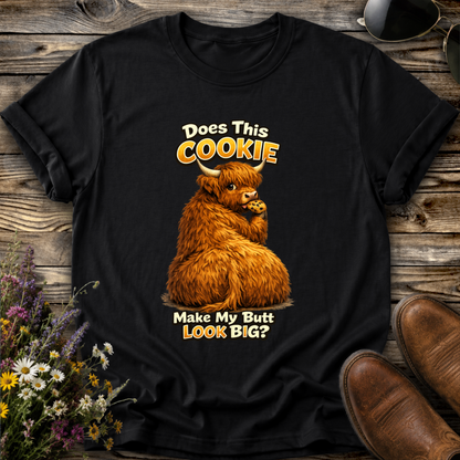 black tshirt with funny highland cow graphic design that says does this cookie make my butt look big