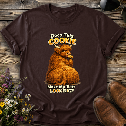 brown tshirt with funny highland cow graphic design that says does this cookie make my butt look big