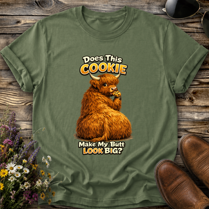 green tshirt with funny highland cow graphic design that says does this cookie make my butt look big