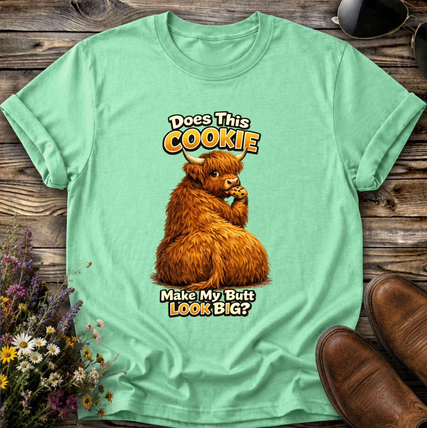 mint green tshirt with funny highland cow graphic design that says does this cookie make my butt look big