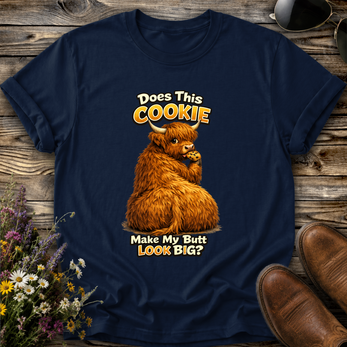 navy tshirt with funny highland cow graphic design that says does this cookie make my butt look big