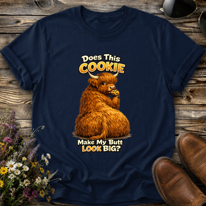 navy tshirt with funny highland cow graphic design that says does this cookie make my butt look big