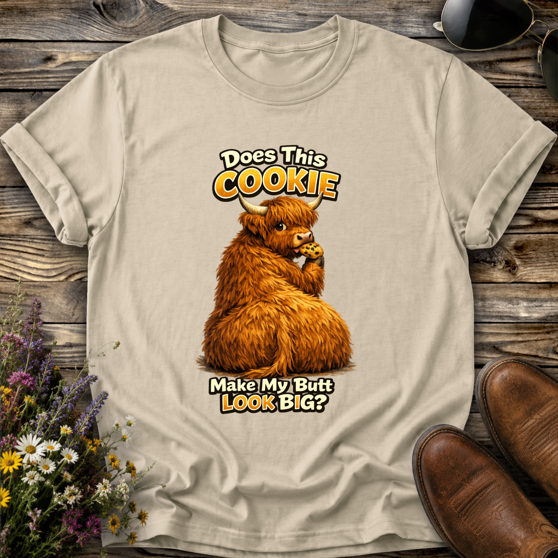 beige tshirt with funny highland cow graphic design that says does this cookie make my butt look big