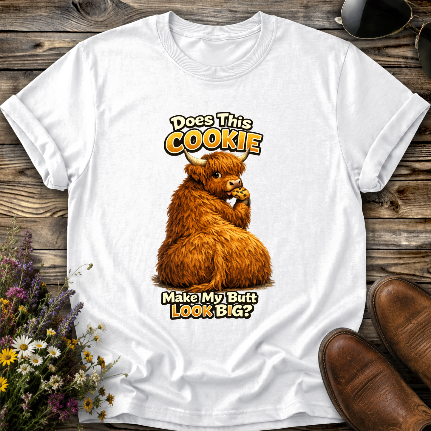 white tshirt with funny highland cow graphic design that says does this cookie make my butt look big