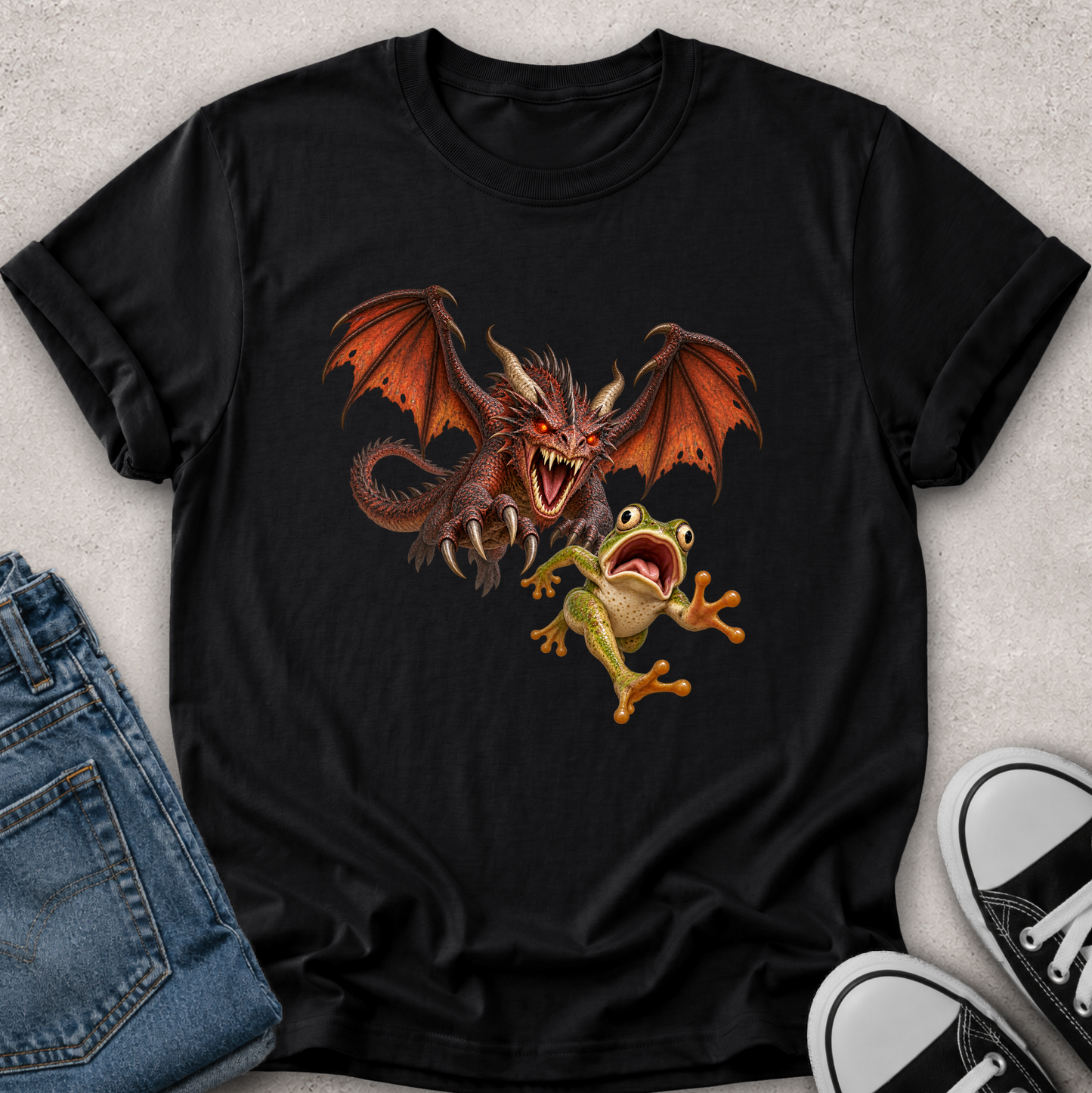 A black short-sleeve graphic T-shirt laid flat on a light textured surface, styled with folded blue jeans and black-and-white sneakers. The shirt features a large front print of a red-orange dragon and a green frog with wide-open mouths.