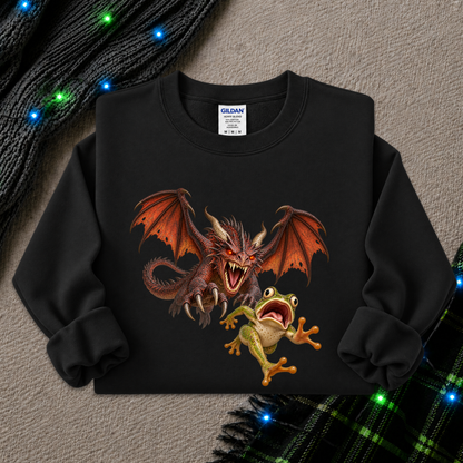 A black long-sleeve crewneck sweatshirt featuring a graphic print of a red dragon and a green frog, styled flat on a textured gray background with a black knit scarf and green plaid fabric with blue fairy lights.