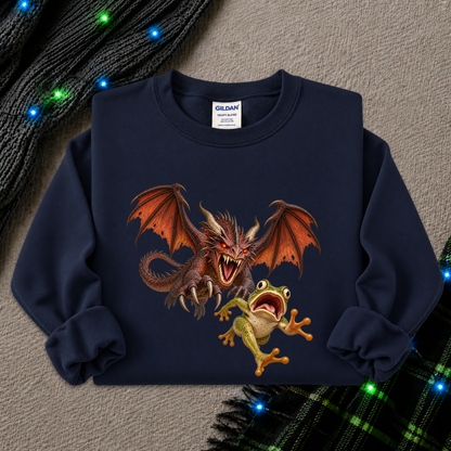 A navy blue crewneck sweatshirt featuring a graphic print of a red dragon and a green frog, styled flat on a textured gray background with holiday lights and plaid fabric accents.