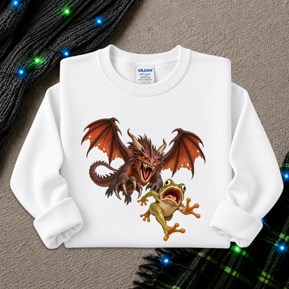 A white long-sleeve crewneck sweatshirt with a graphic print of a red dragon and a green frog, laid flat on a textured gray background with holiday lights and a plaid scarf.