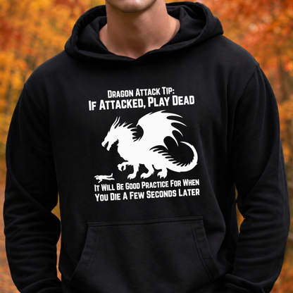 A person wearing a black pullover hoodie with a white graphic print of a dragon and humorous text about dragon attacks. The background shows blurred autumn foliage in orange and brown tones.