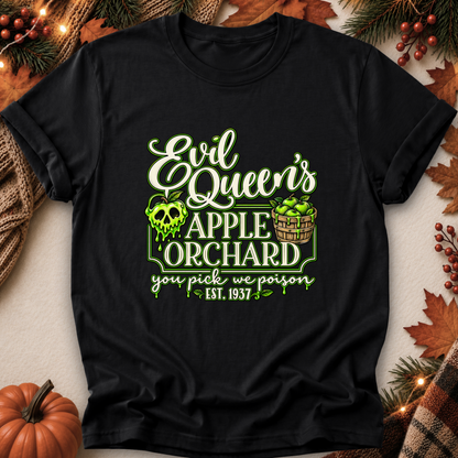 black tshirt with a graphic design that says evil queen's apple orchard you pick we poison on it