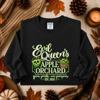 black sweatshirt with a graphic design that says evil queen's apple orchard you pick we poison on it