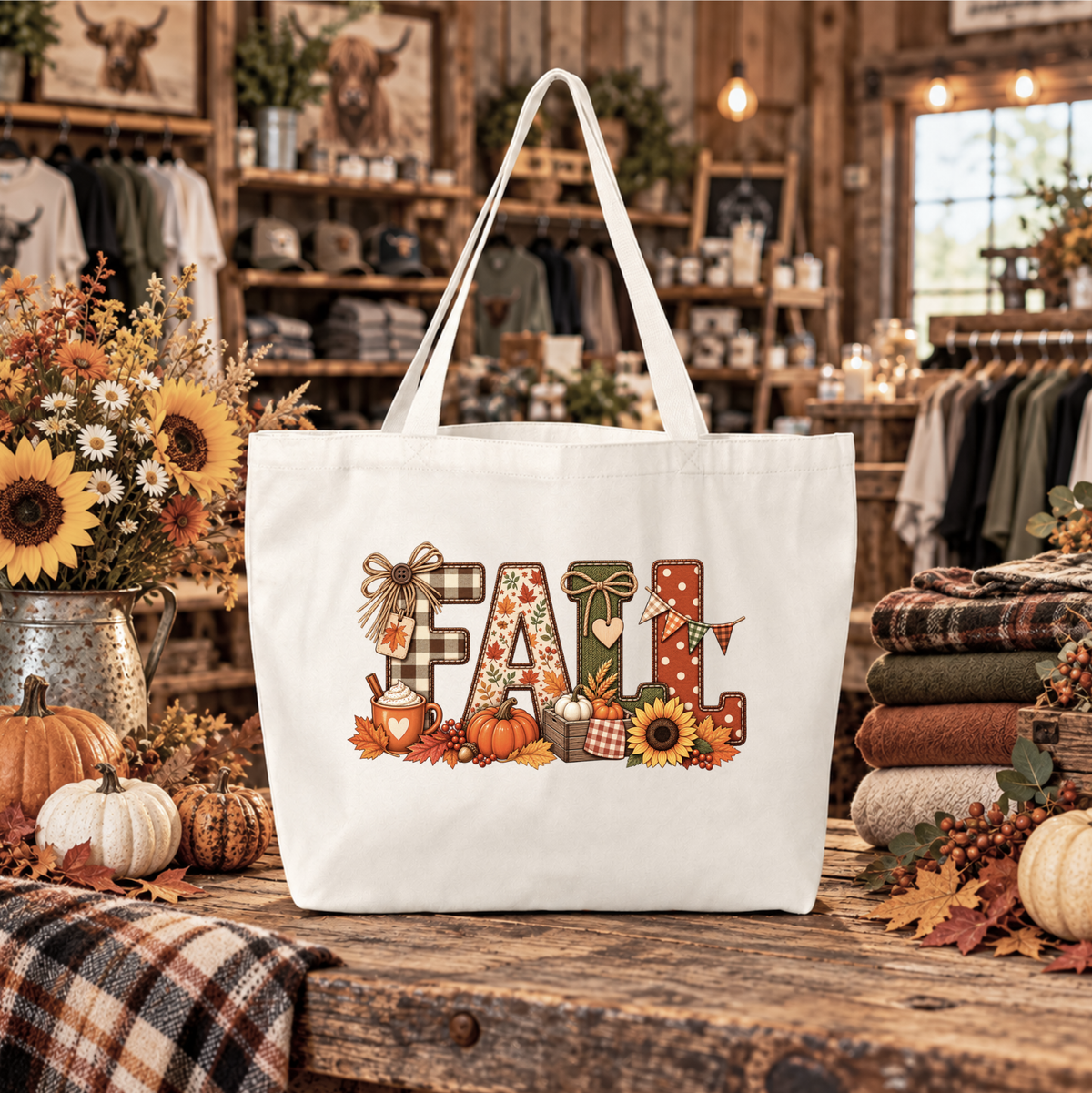 beige canvas tote bag with a graphic of the word fall in a faux fabric applique style with leaves and pumpkins