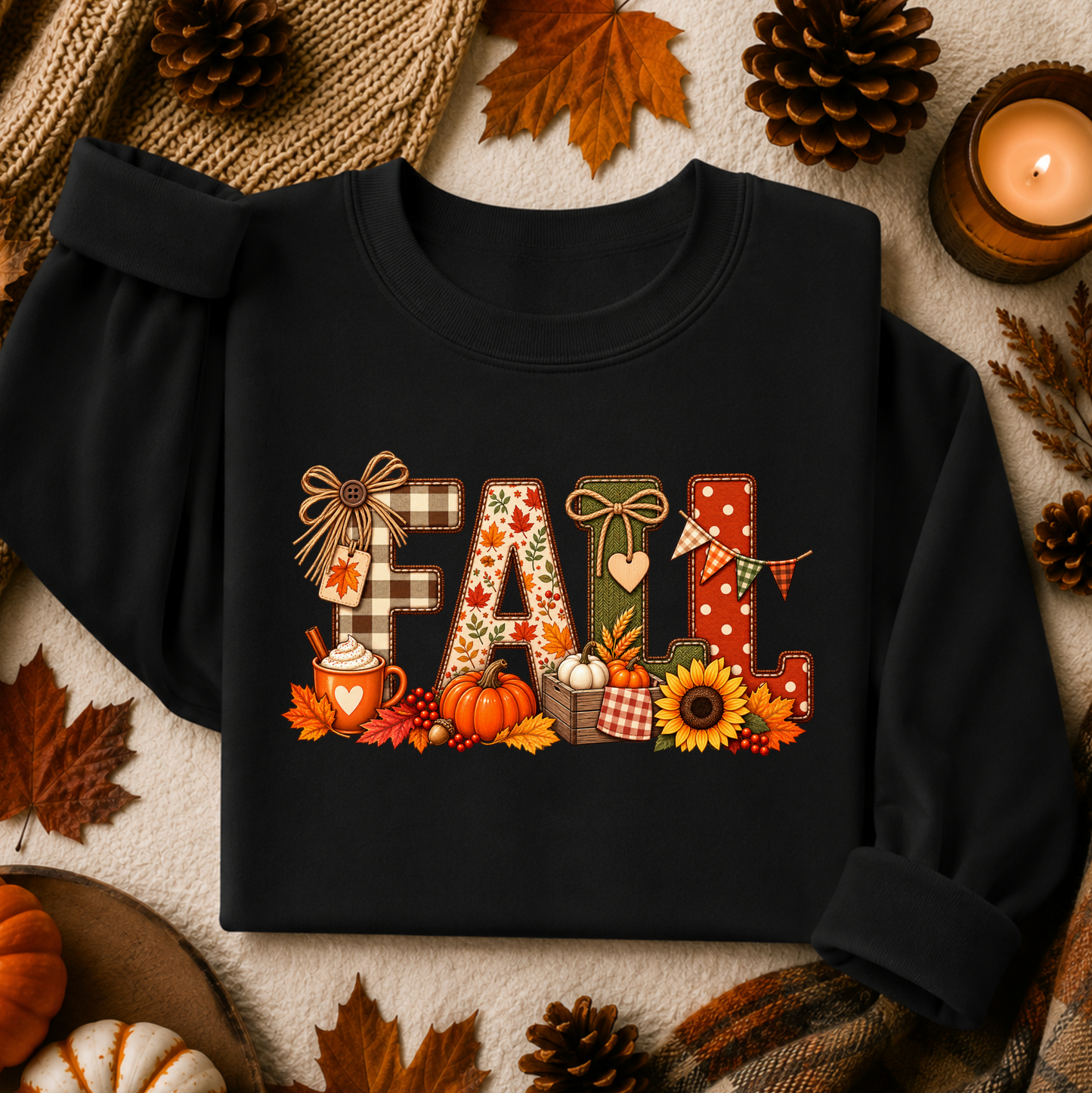 A black long-sleeve sweatshirt with a colorful 'Fall' graphic print, styled in a cozy autumn flat-lay with pine cones, leaves, and a candle.
