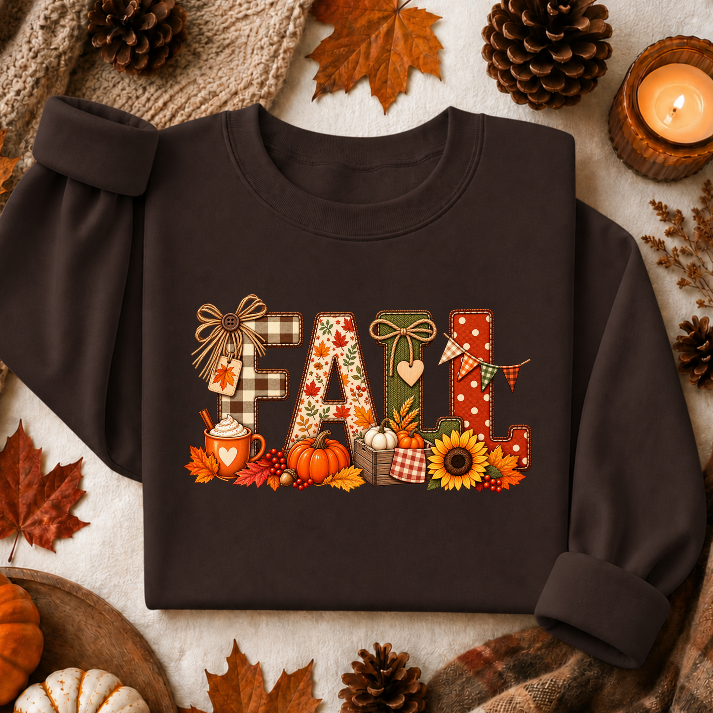 A dark brown sweatshirt laid flat with rolled sleeves, featuring a large autumn-themed 'FALL' graphic made from leaves, pumpkins, sunflowers, plaid, and bows. The sweatshirt is styled with fall props including pinecones, leaves, a candle, and a knitted scarf on a light fabric background.