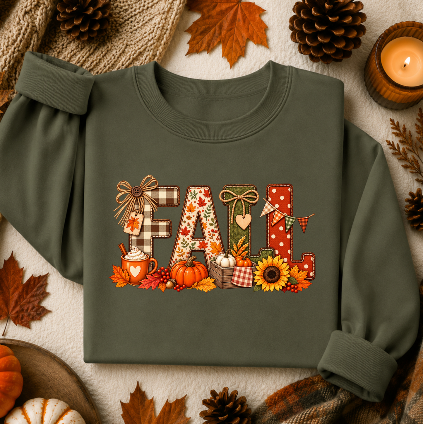 An olive green long-sleeve sweatshirt with a festive 'FALL' graphic print, styled in a flat-lay arrangement with autumn leaves, pinecones, a candle, and pumpkins on a textured cream background.