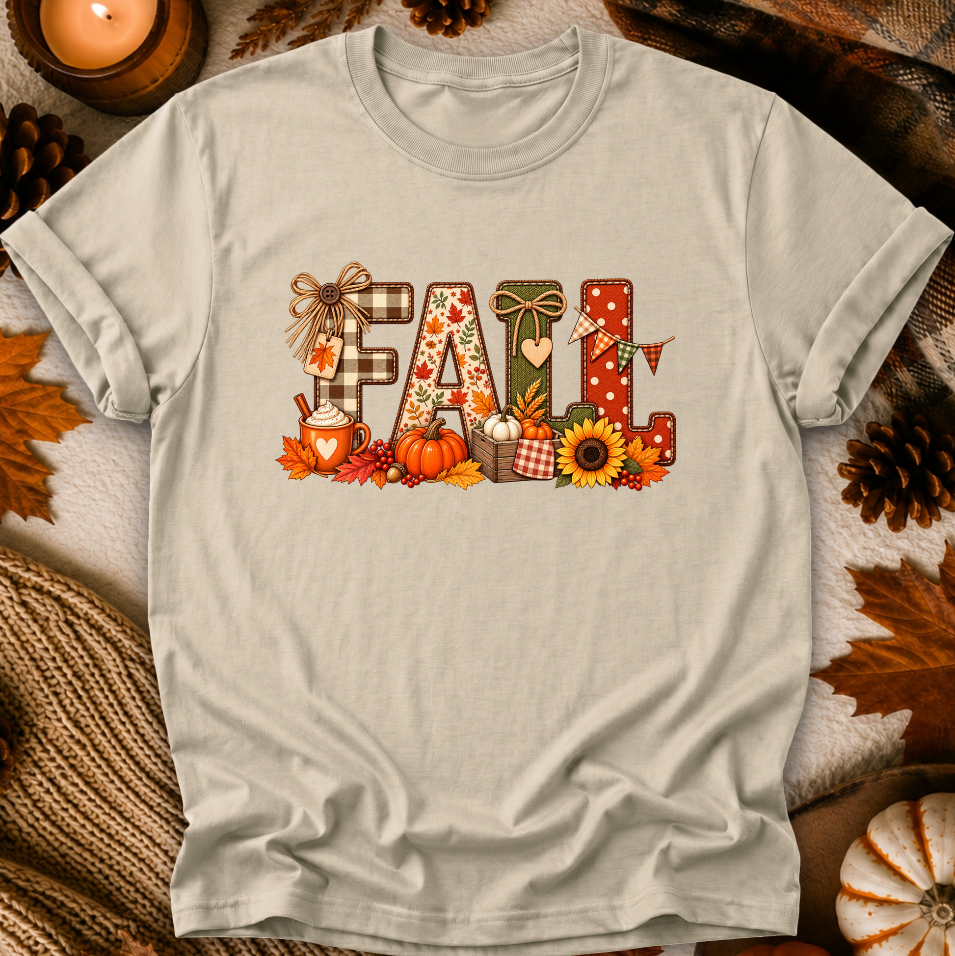 A light beige crewneck t-shirt featuring a colorful 'FALL' graphic print with autumn-themed patterns, pumpkins, sunflowers, and leaves, presented in a cozy flat-lay setting with pinecones and a candle.